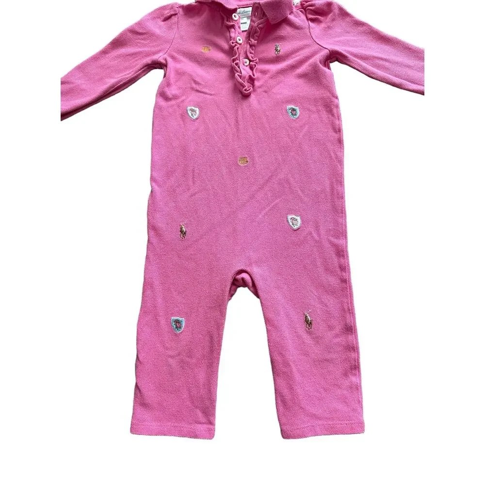 Ralph Lauren Babies 9M Pink and Logo Long Sleeve Button Up Neck One Piece